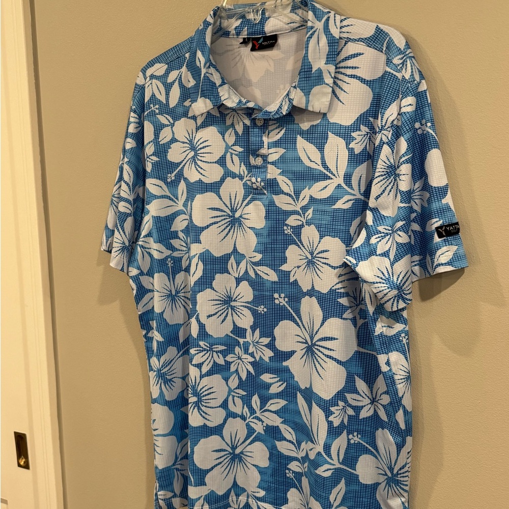 Yatta Men's Blue & White Golf Shirt HAWAIIAN TROPICAL FLORAL POLO Shirt Large - Picture 3 of 8